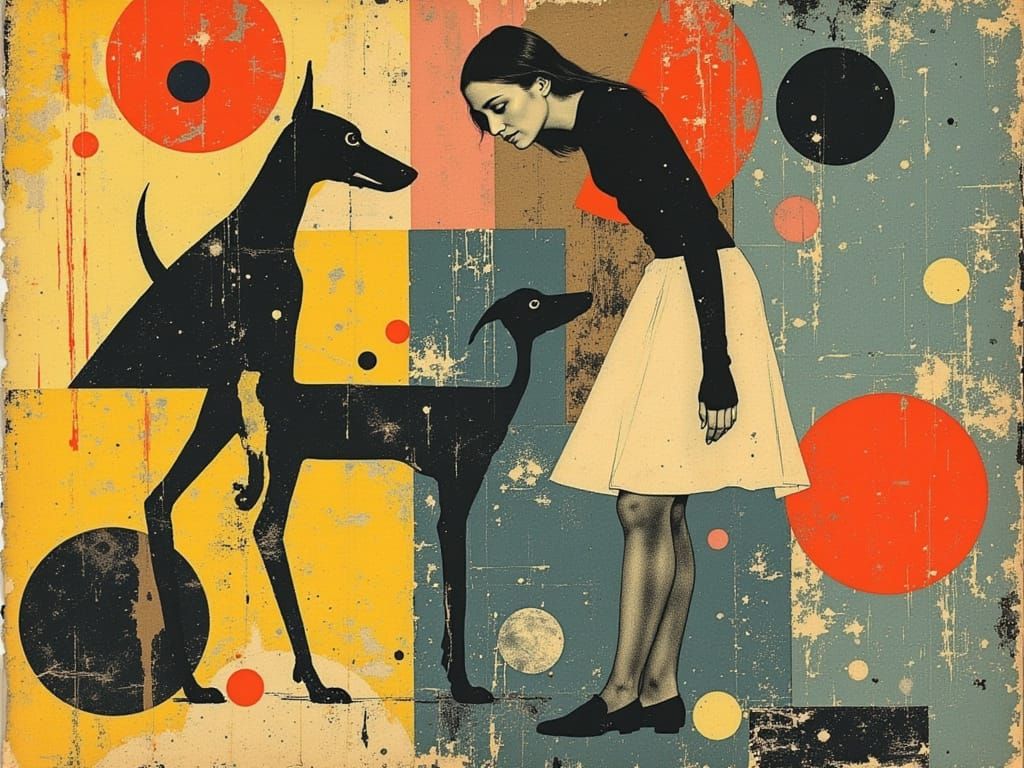 Stylized Woman and Dog in Cubist Basquiat Style