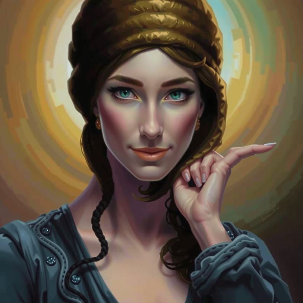 Ethereal Portrait with Ribbed Headgear in Kinkade Style