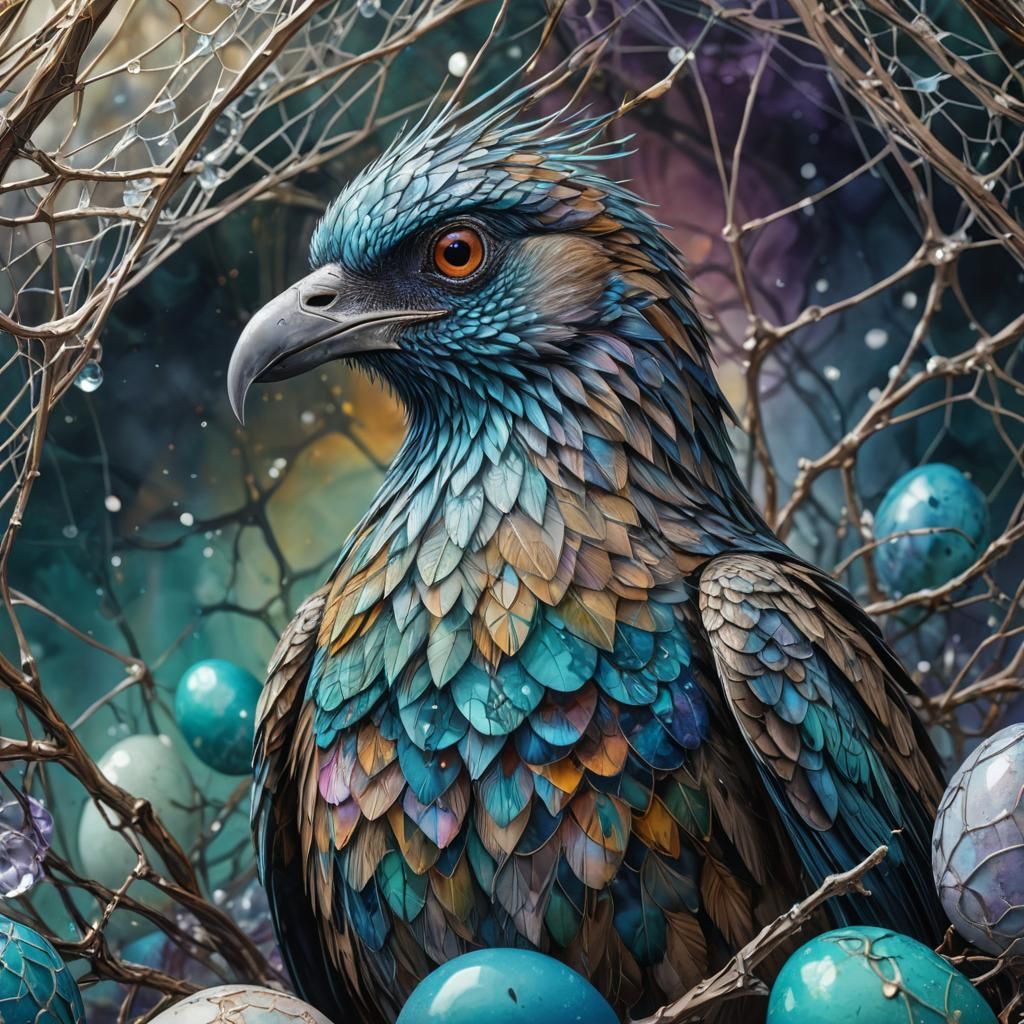 Mystical Bird Portrait in Alcohol Ink Illustration