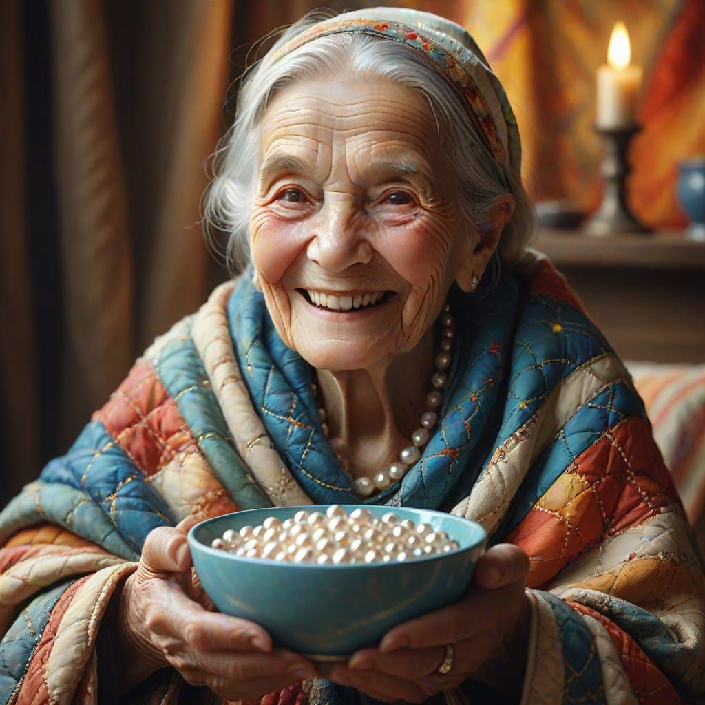 Wise Woman in Quilt with Pearls, Digital Matte Painting