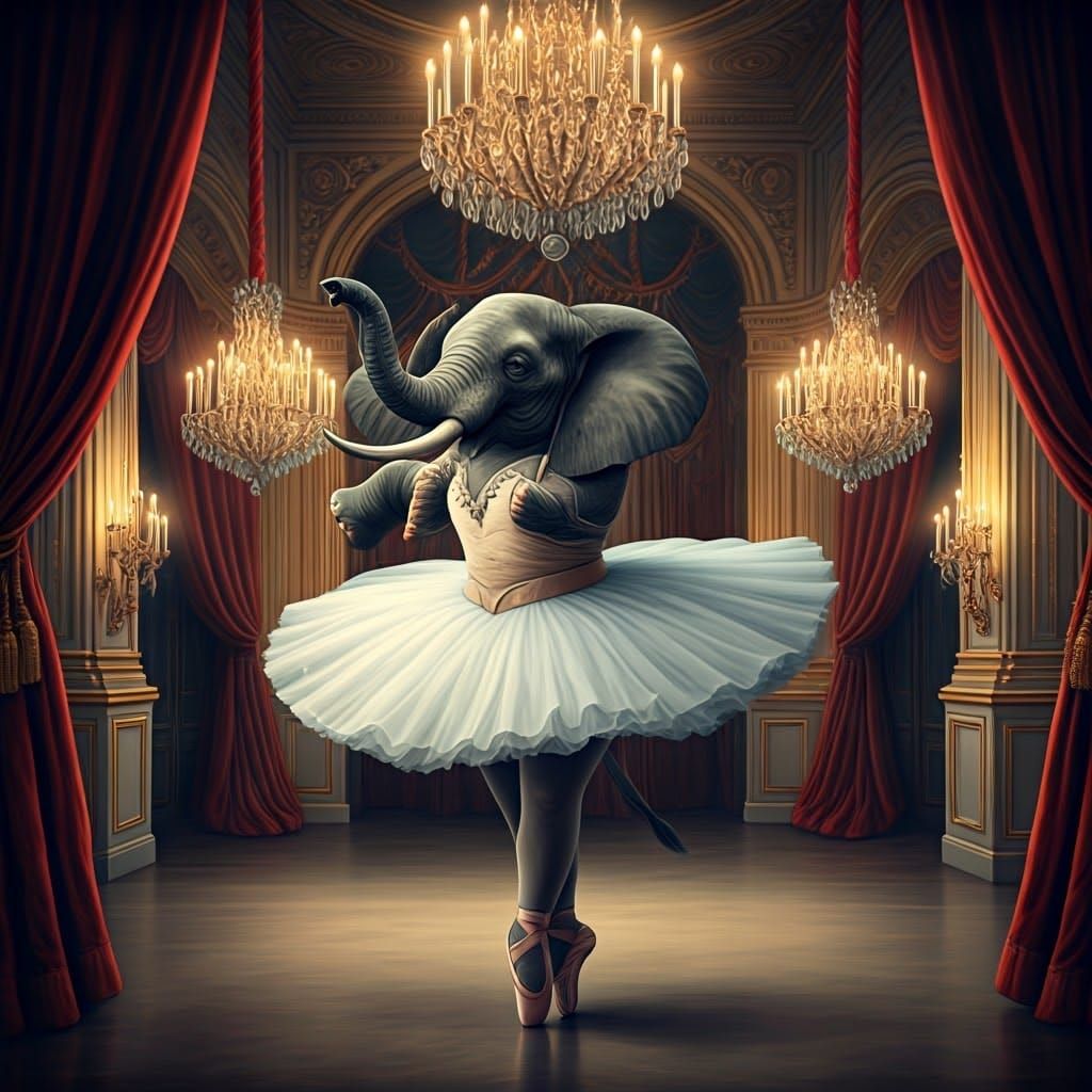Elephant Ballerina in Ornate Ballroom
