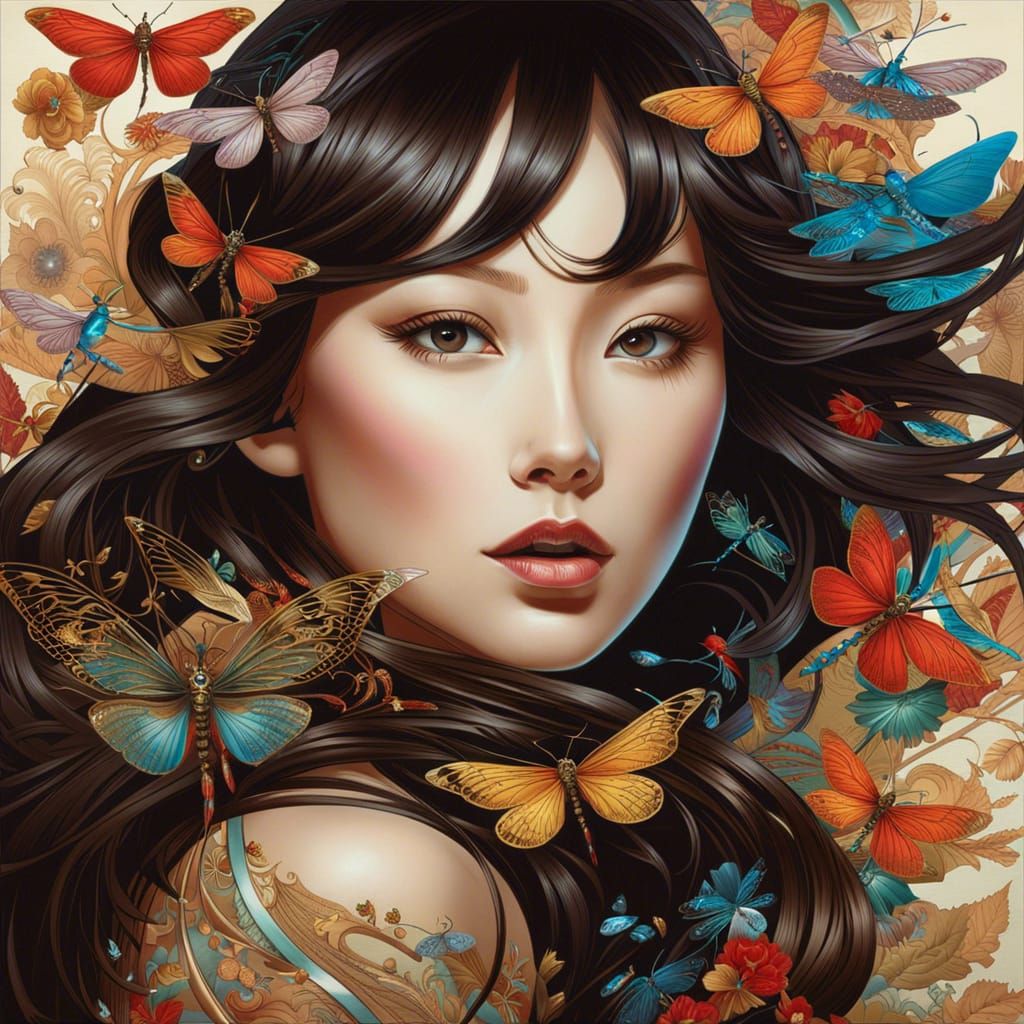 Mysterious Chinese Woman with Dragonflies