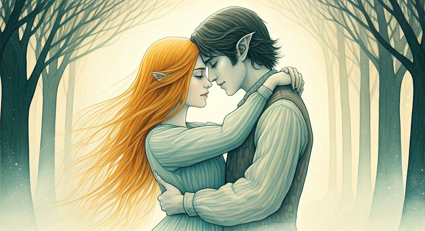 Ethereal Couple Embrace in Twilight Forest