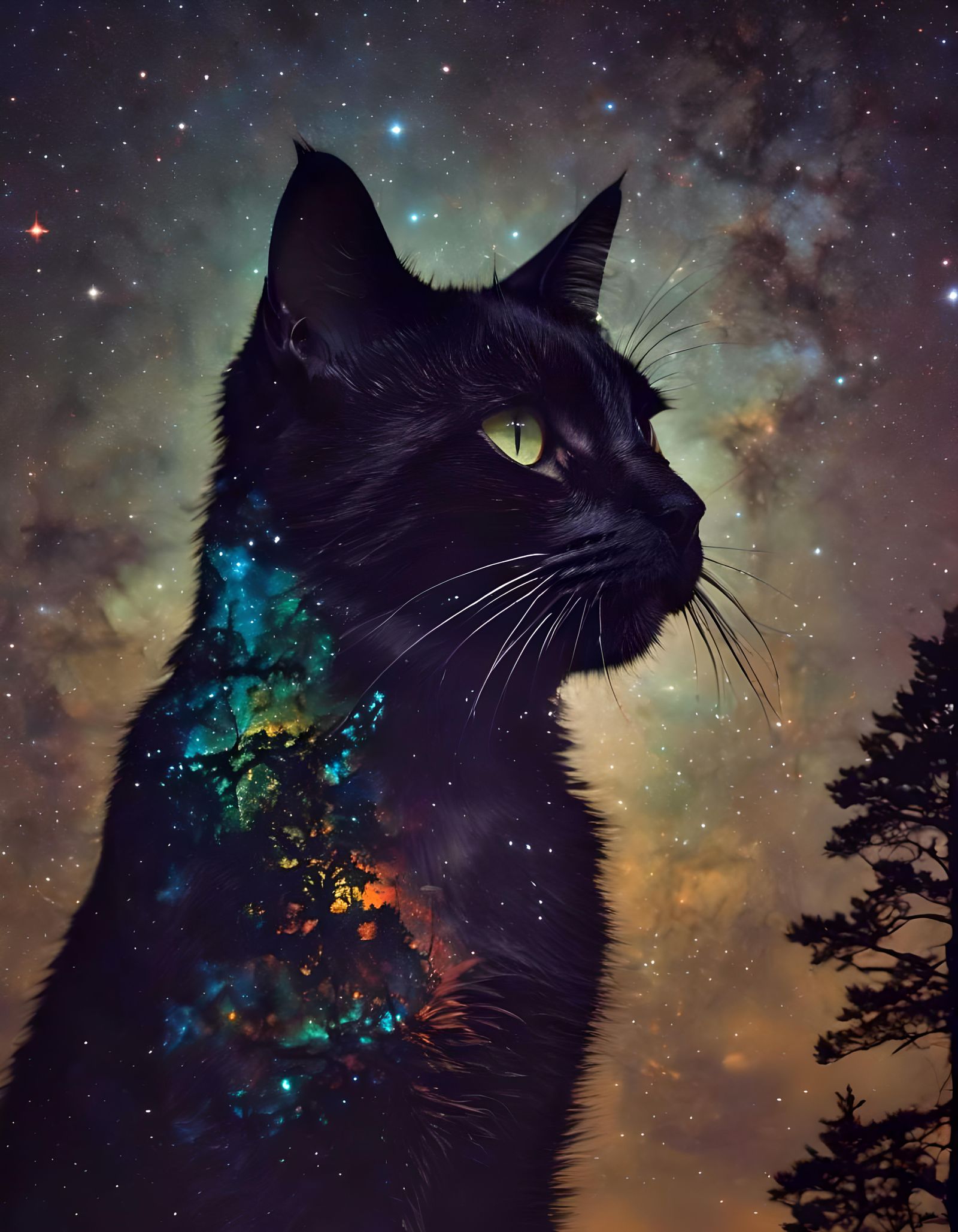 Surreal Nebula Cat in Art Nouveau Style