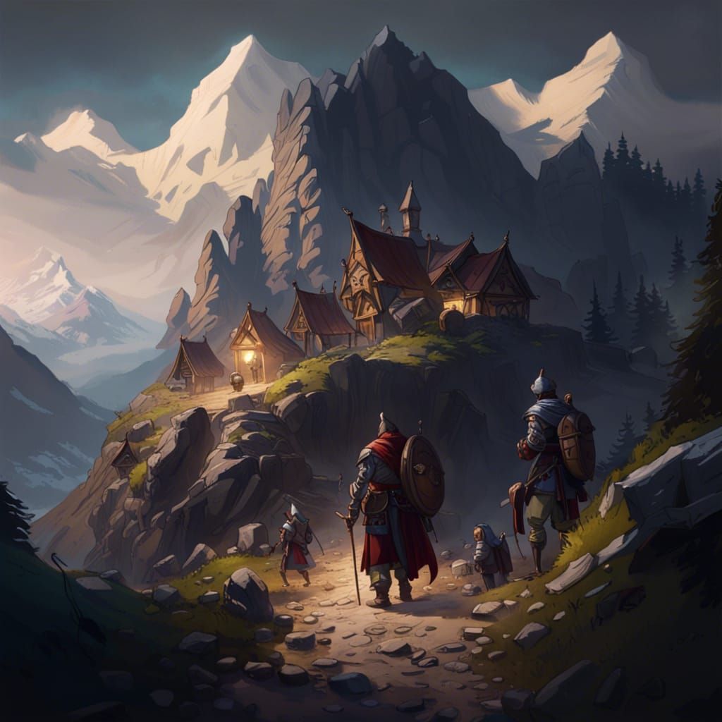 Medieval Travelers on Mountain Path, Fantasy Concept Art