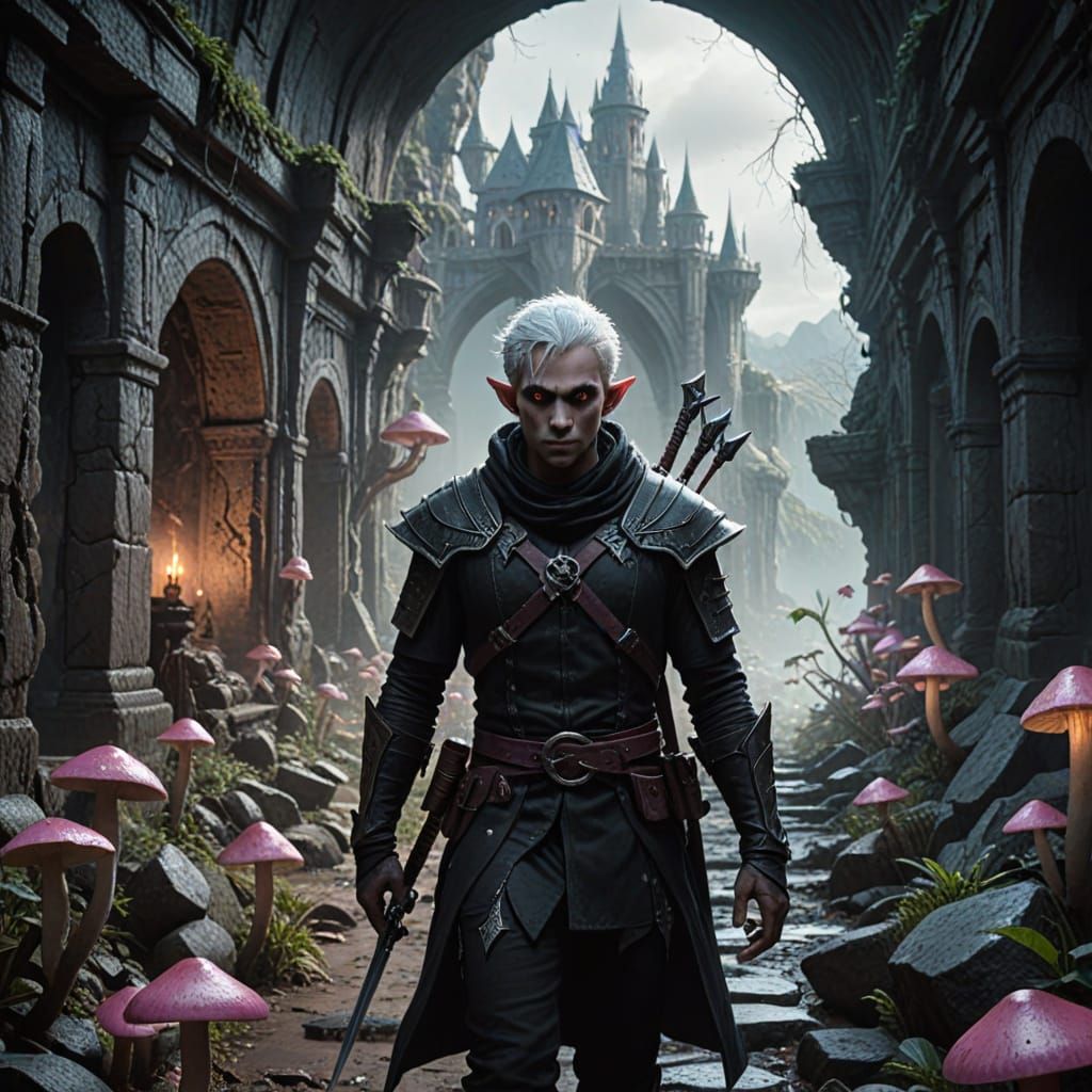 Drow Elf Rogue Wanders Through Lost City