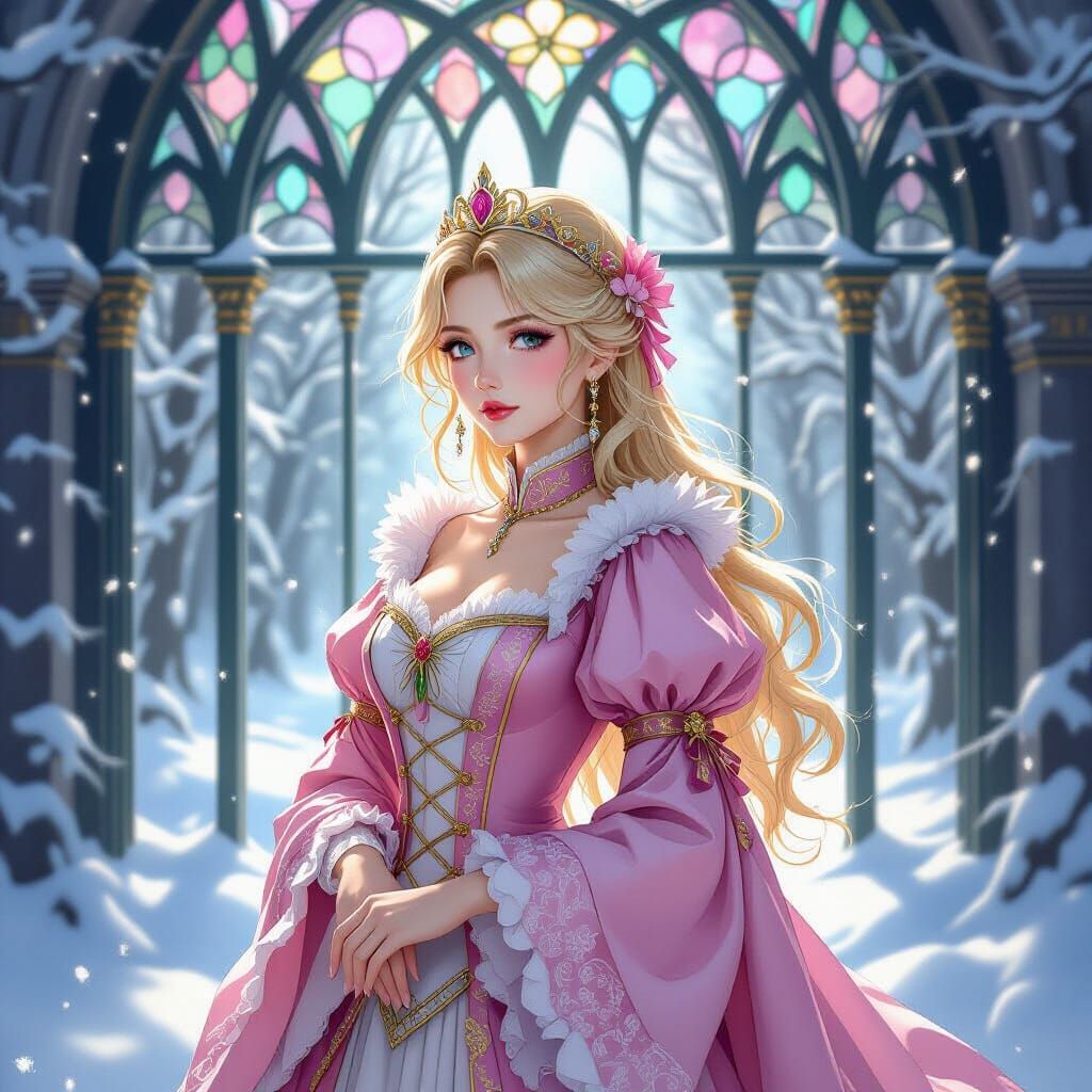 Regal Anime Lady in Snowy Woods
