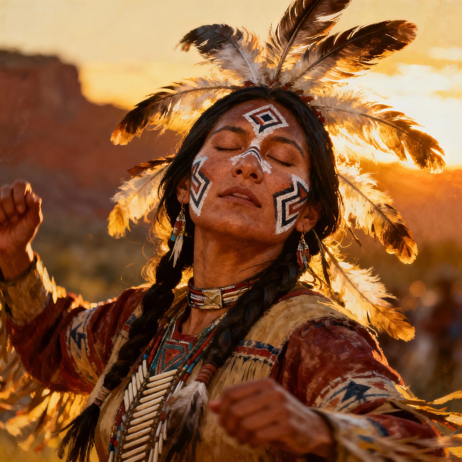 Native American Woman Dances in Trance, Geometric Face Paint