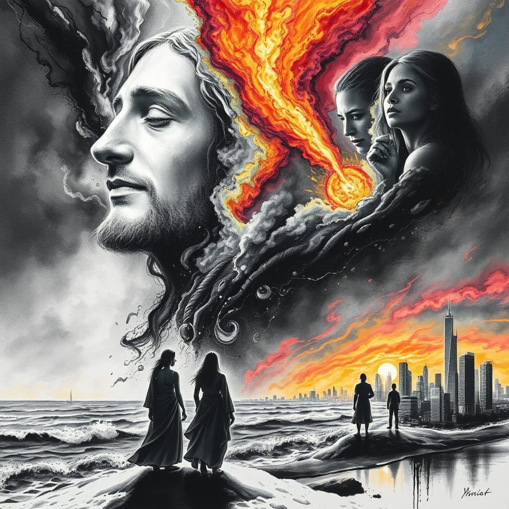 Surrealist Batik of Jesus, Ladies, and Comet