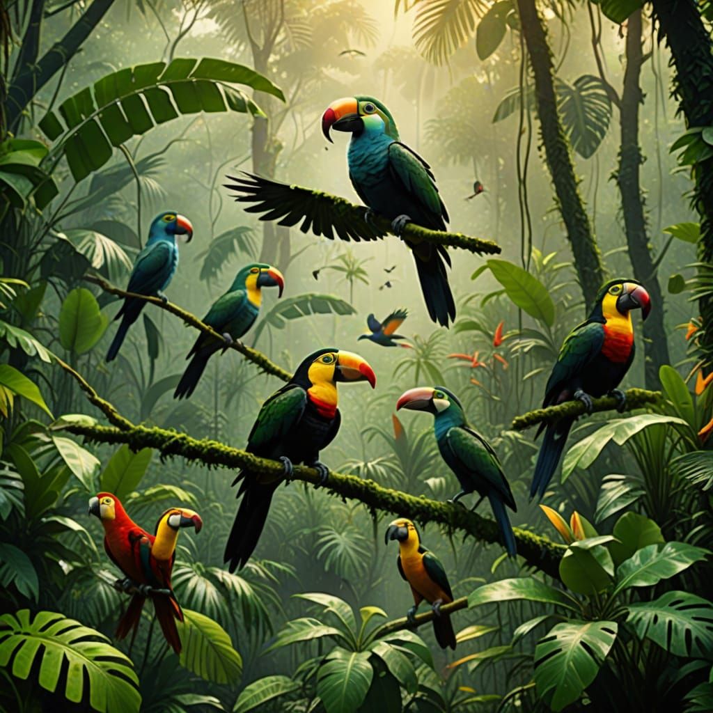 Tropical Birds in Misty Rainforest: Photorealistic Film