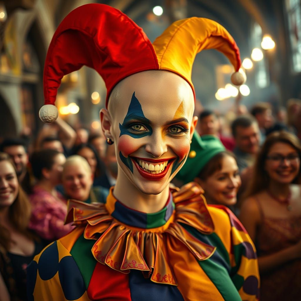 Medieval Jester Queen with Vibrant Face Paint and Jolly Smil...