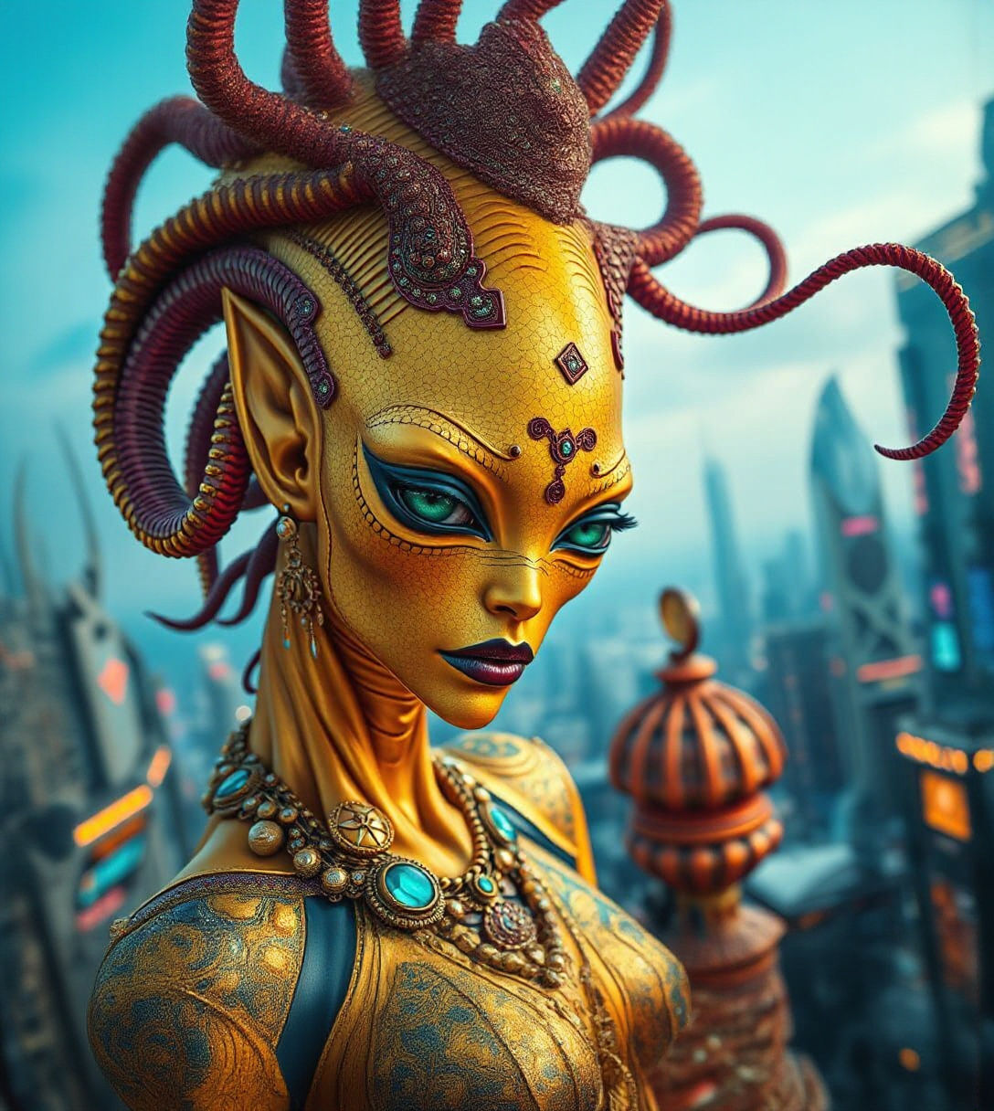 Sleek Alien Female in Futuristic Cityscape