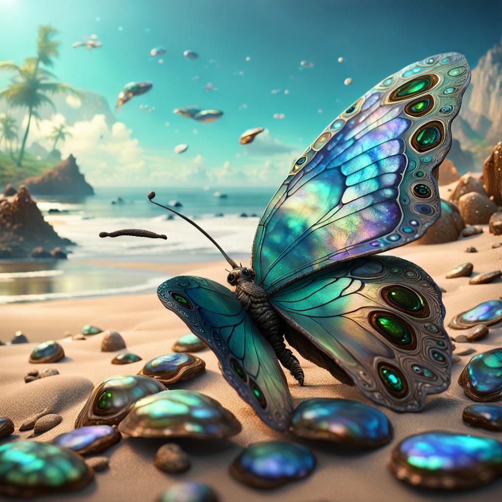 Abalone Butterfly on Beach: Detailed Matte Painting