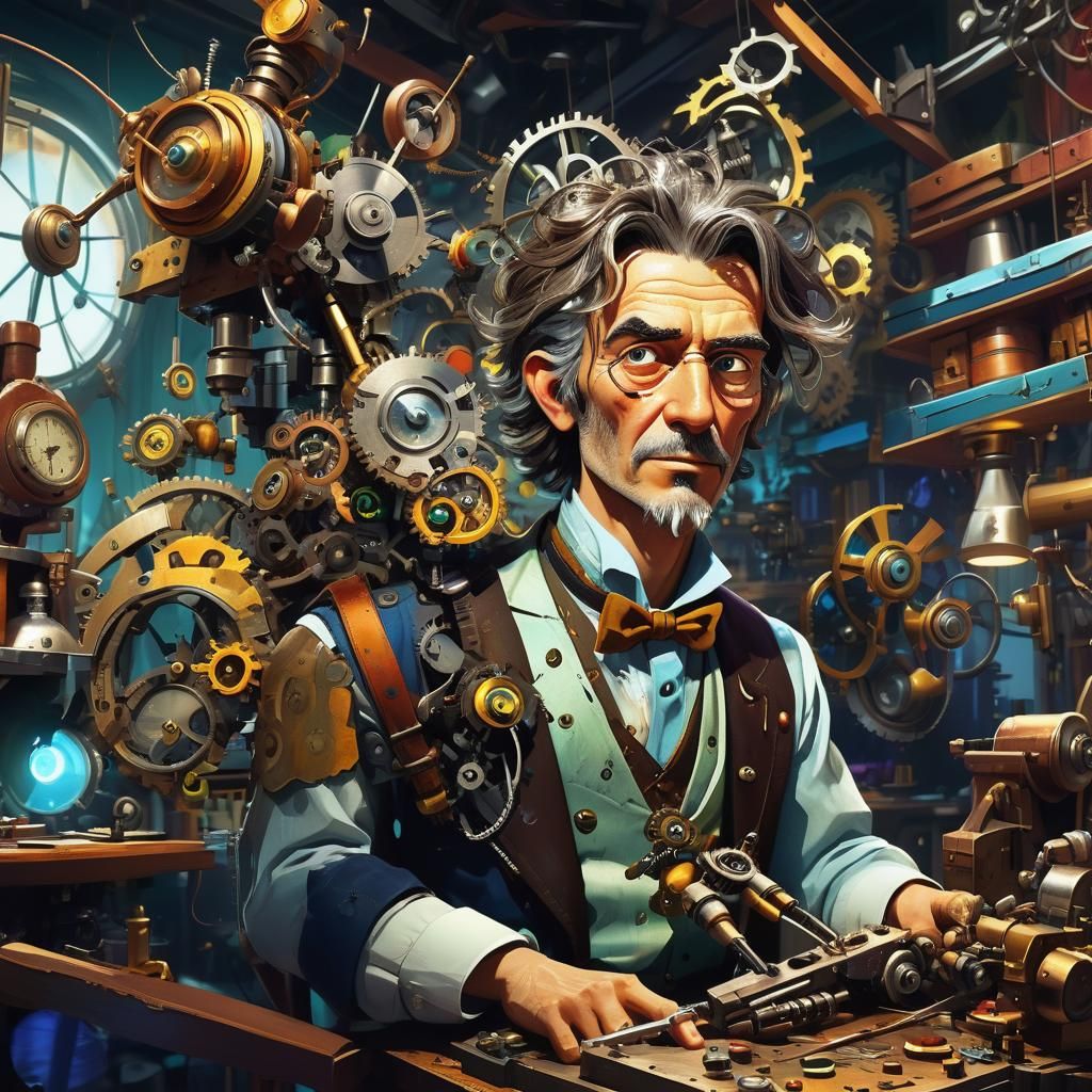 Eccentric Inventor in Steampunk Workshop: Hyperrealistic Con...