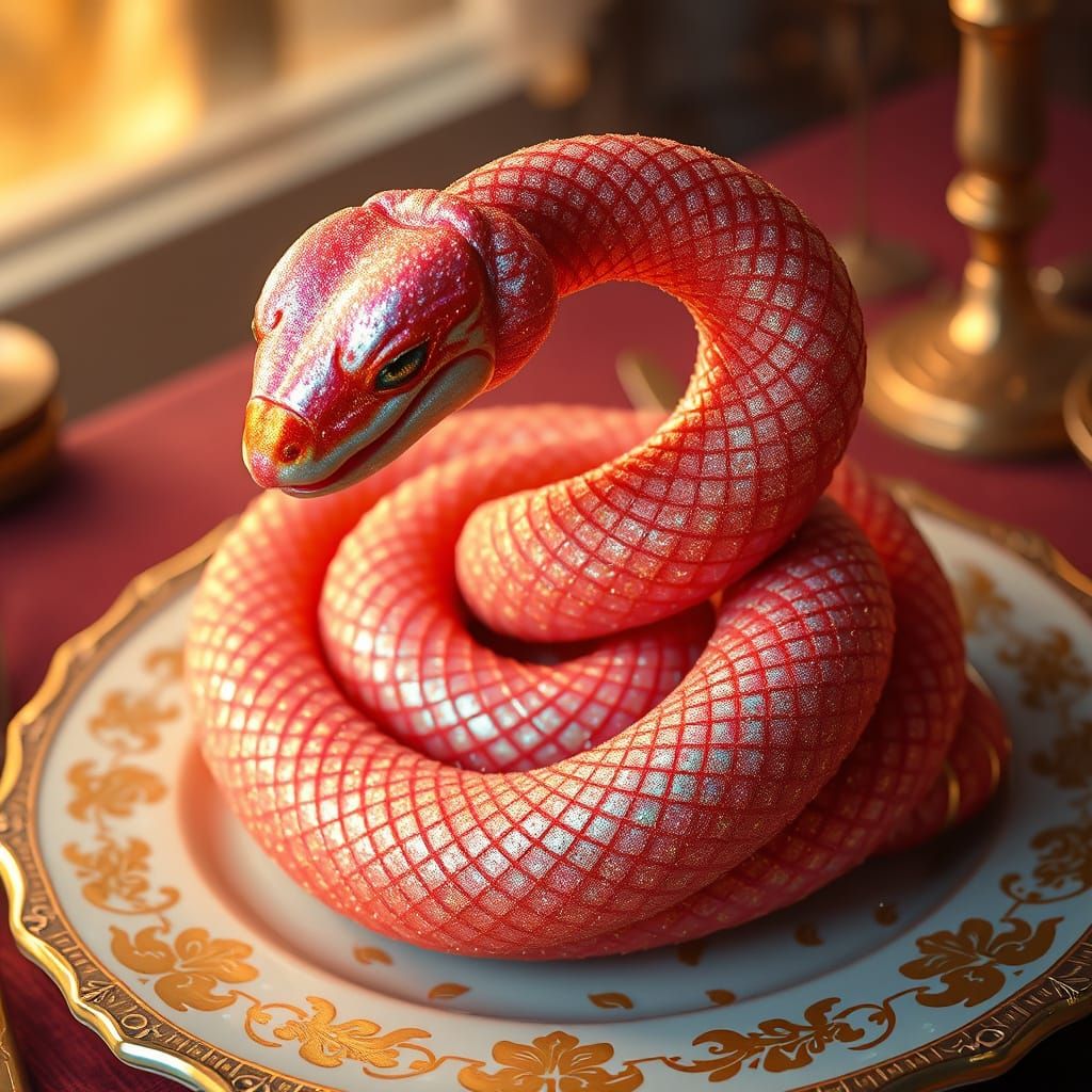 Majestic Churro Snake on Antique Plate in Fantasy Feast Sett...