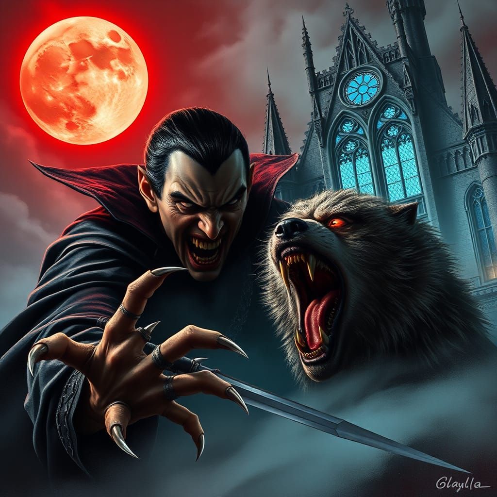 Dracula vs Wolf Man: Gothic Horror Fantasy Illustration