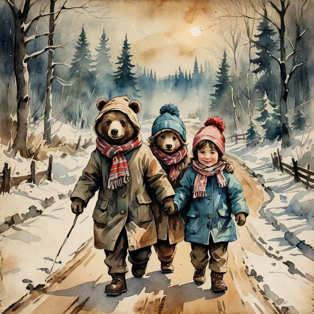 Bears on Snowy Road, Watercolor Storybook Style