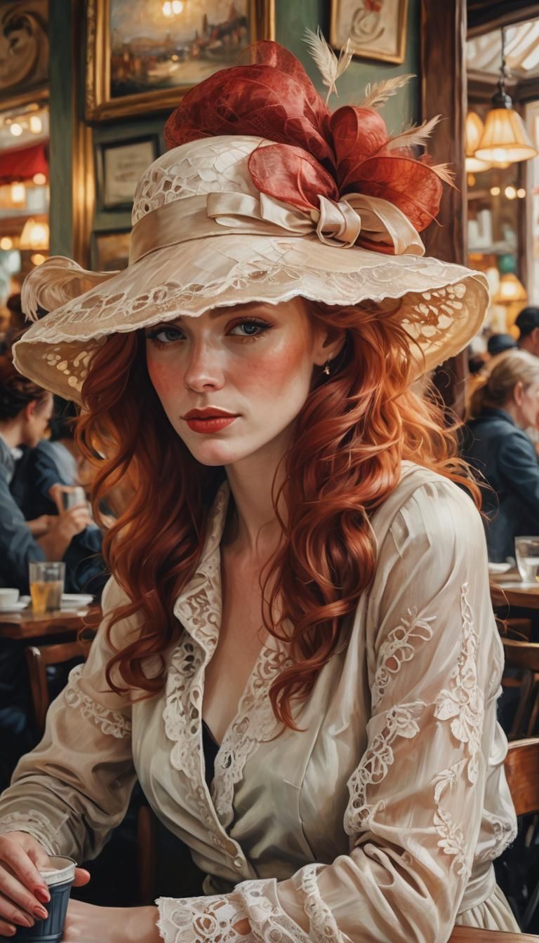 Red-Haired Woman in Cafe: Impressionistic Oil Painting