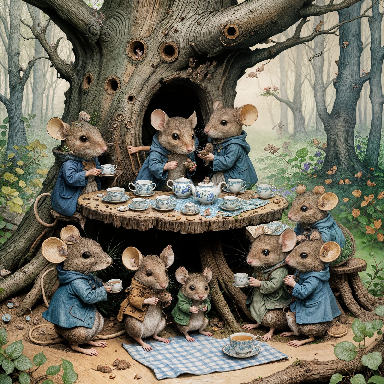 A family of tiny mice having a tea party in the forest