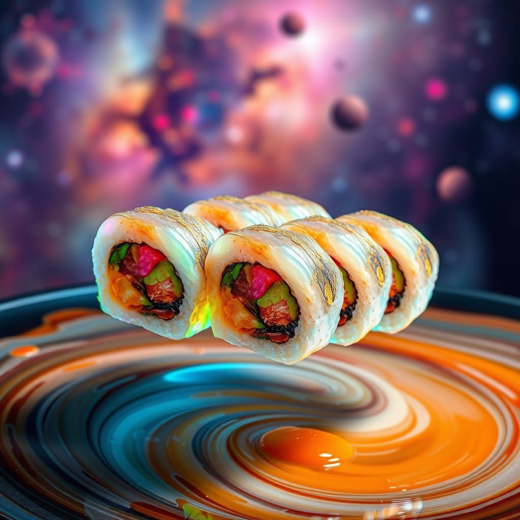 Iridescent Sushi Floating in Nebula, Surrealist Space Art