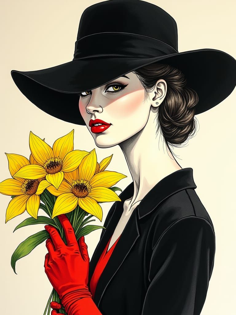 Elegant Woman with Hat in Fashion Illustration Style