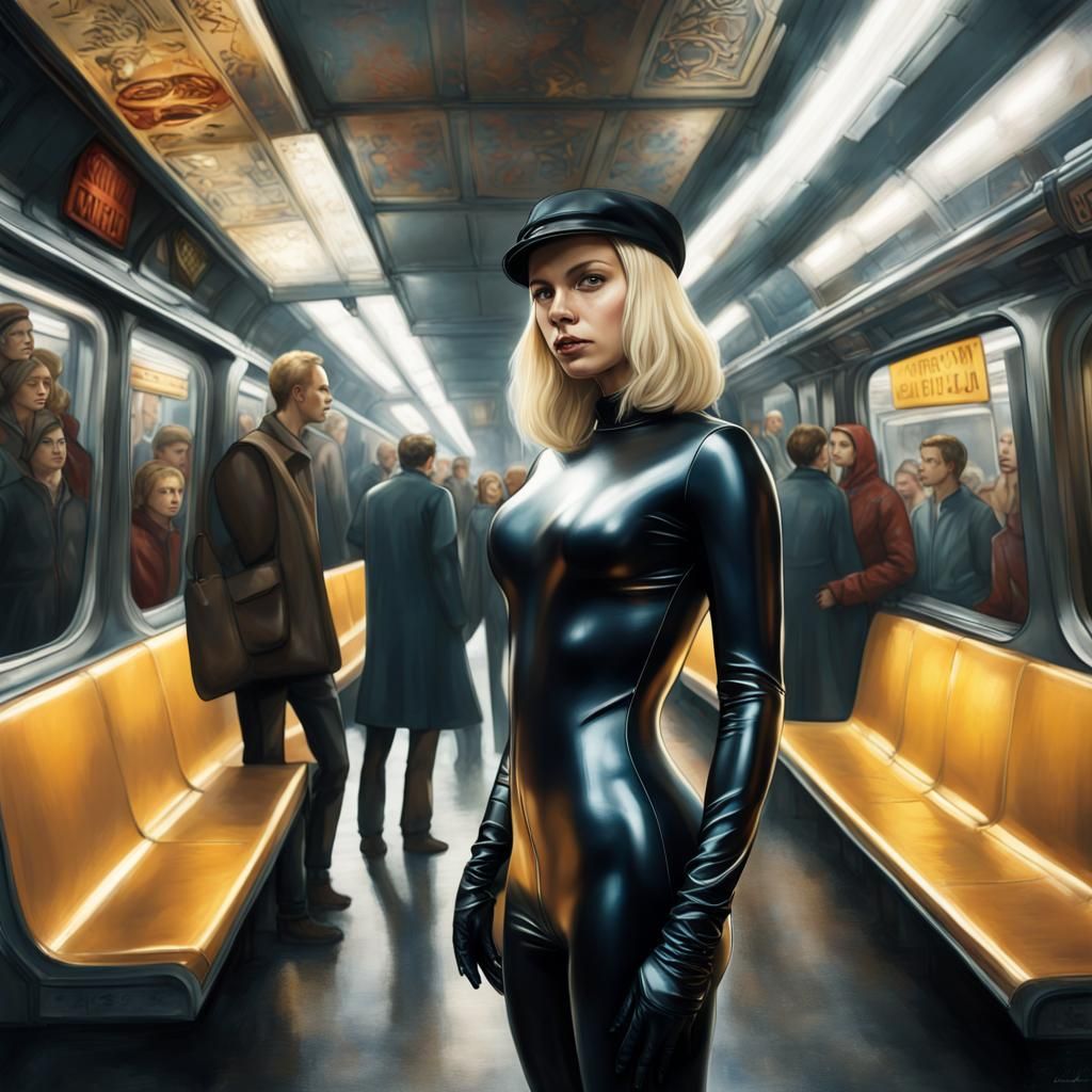 Blond Woman in Latex Catsuit in Crowded Subway