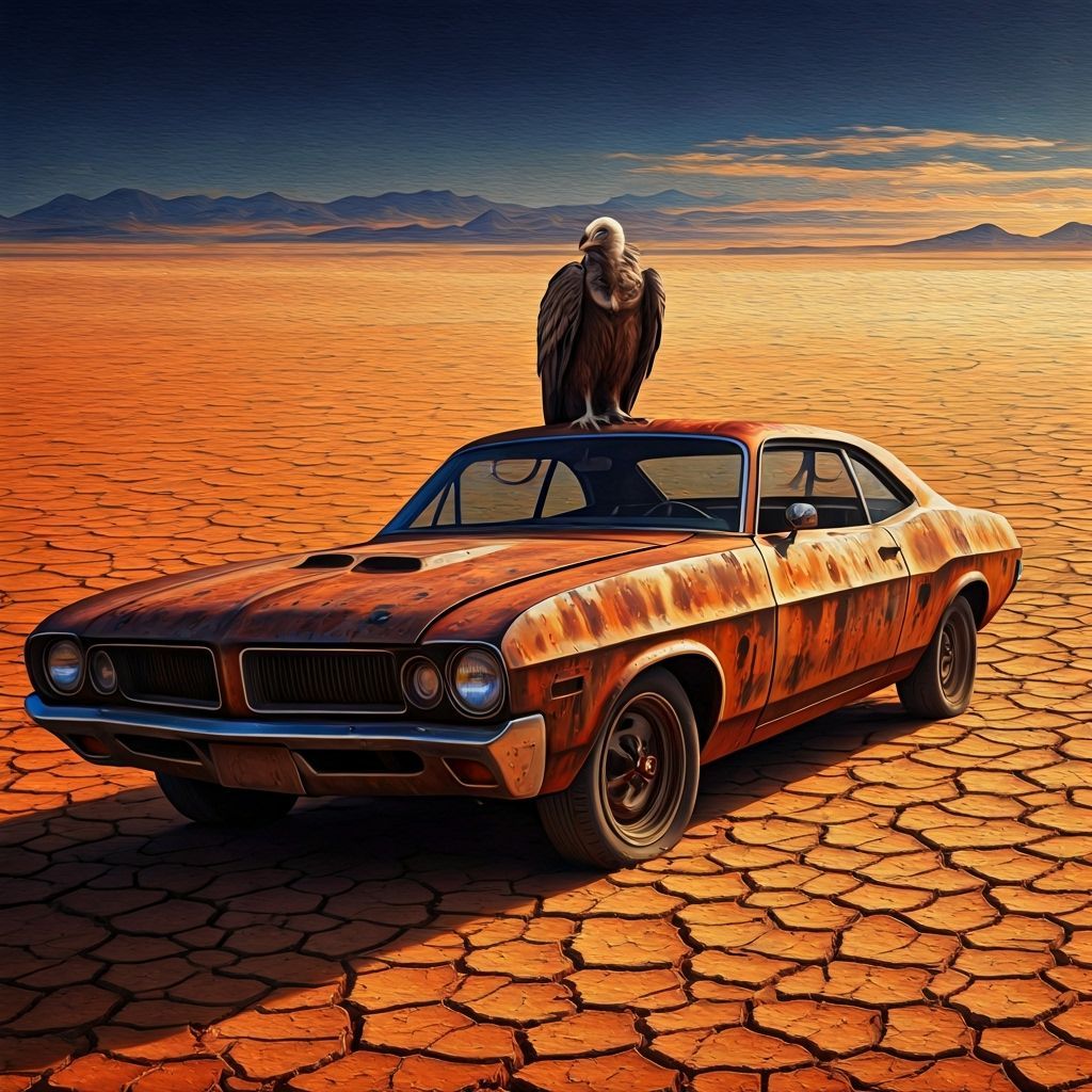 Rusty Muscle Car in Desert Landscape Oil Painting