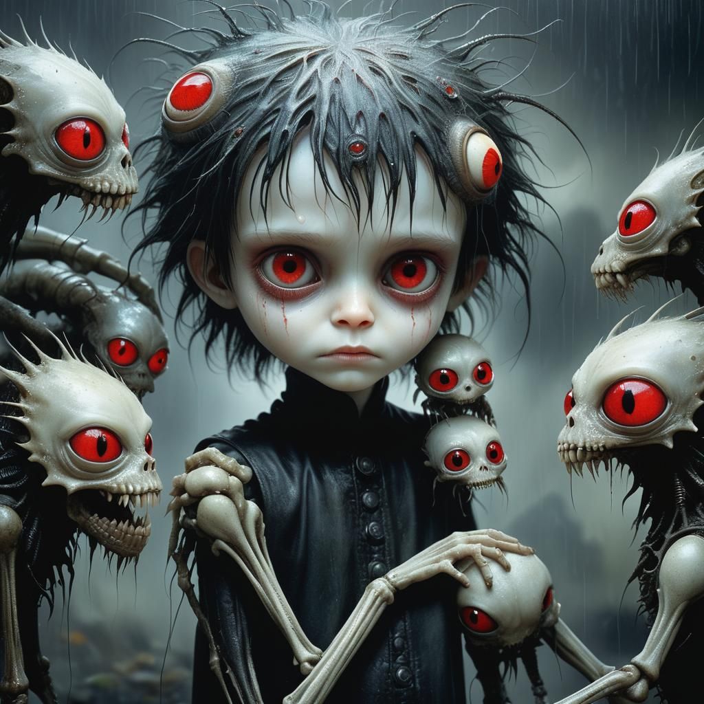 Sinister Boy Petting Furry Creatures in the Rain