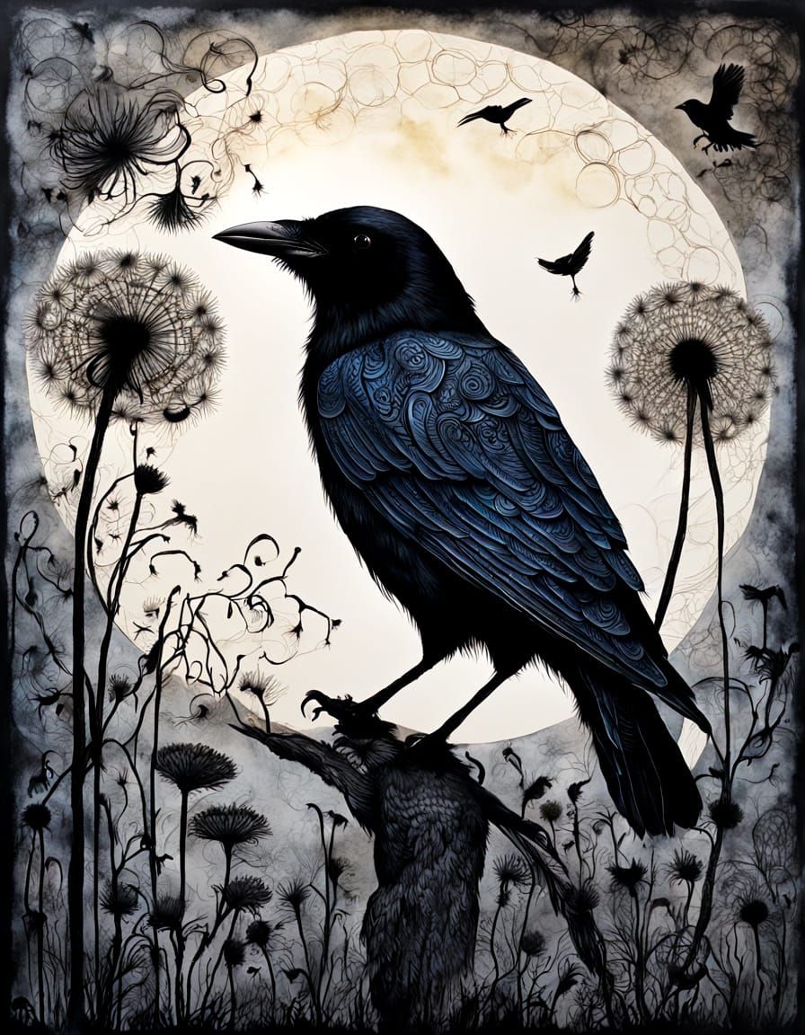 Ethereal Raven Moon in Zendoodle Scratchboard Style