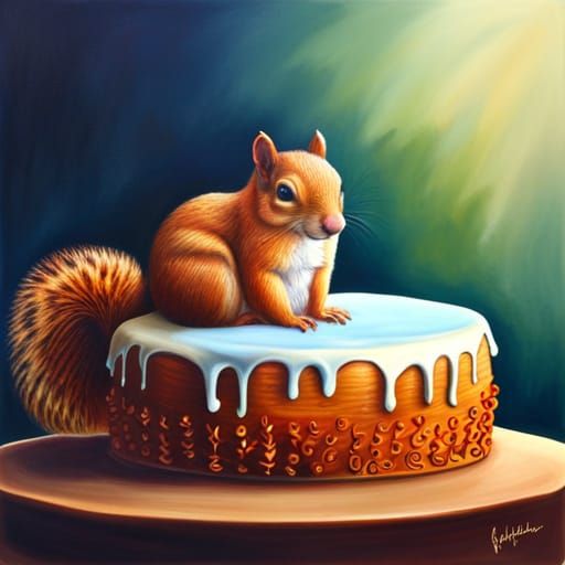 Squirrel Guarding Cake in Ultrarealistic Oil Painting
