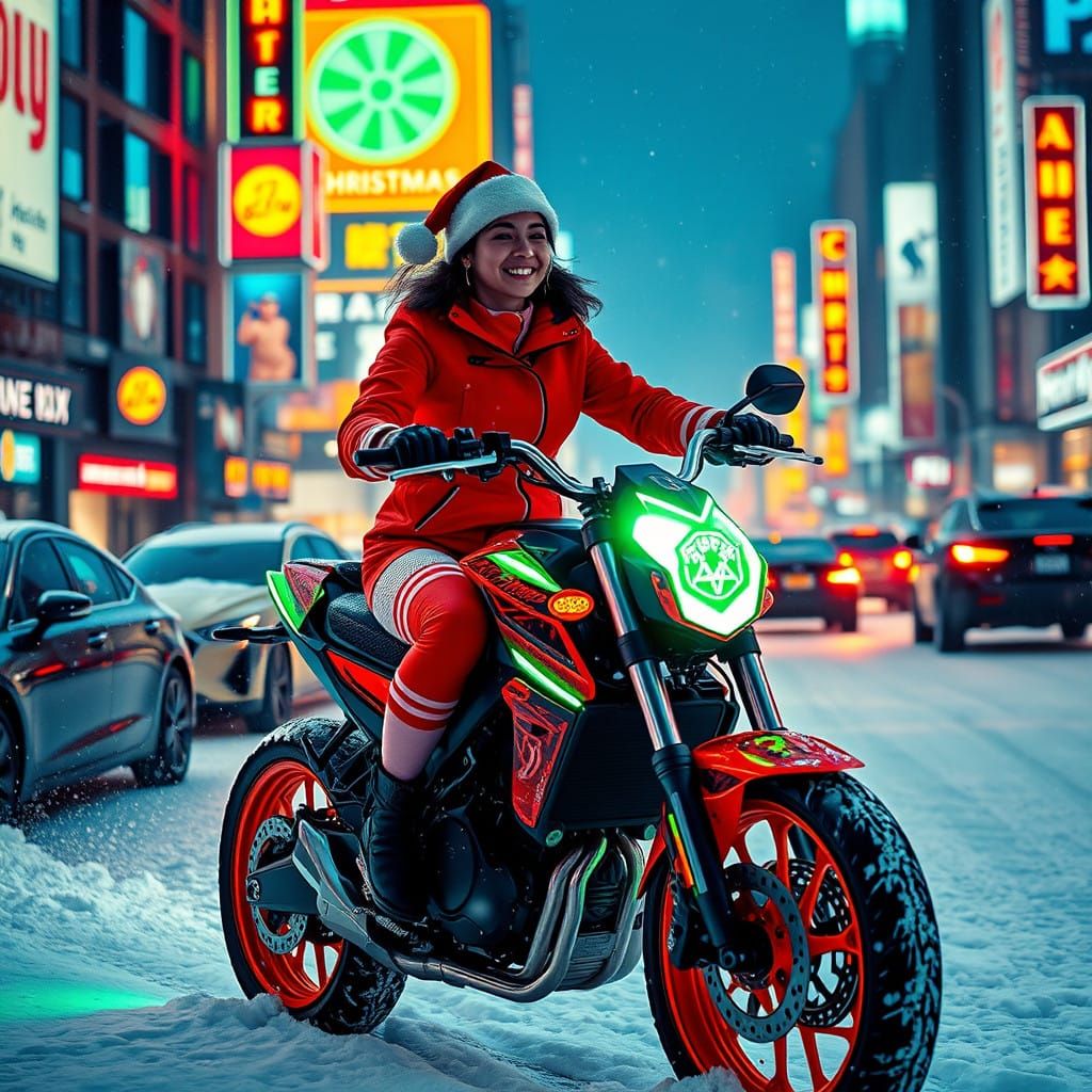 Cyberpunk Christmas Rider in Neon-Lit City