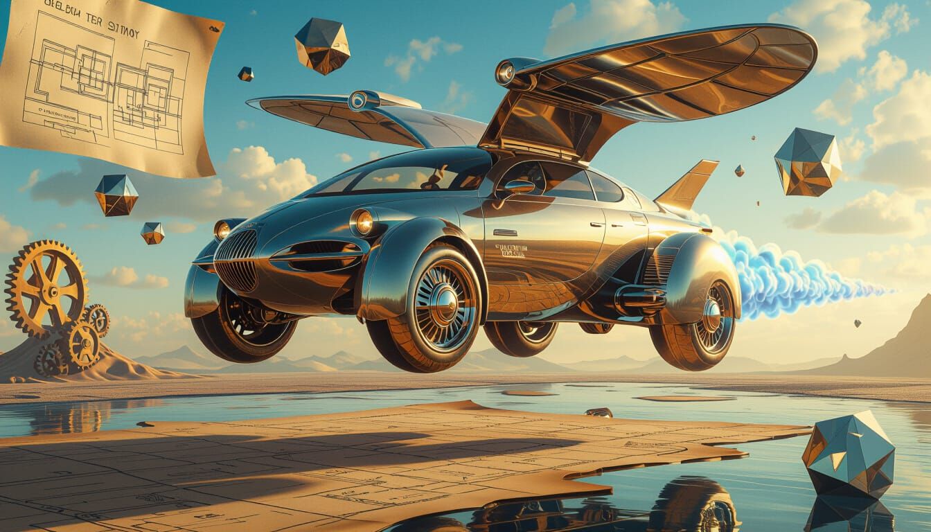 Surreal Leonardo Flying Car in Dali-esque Landscape