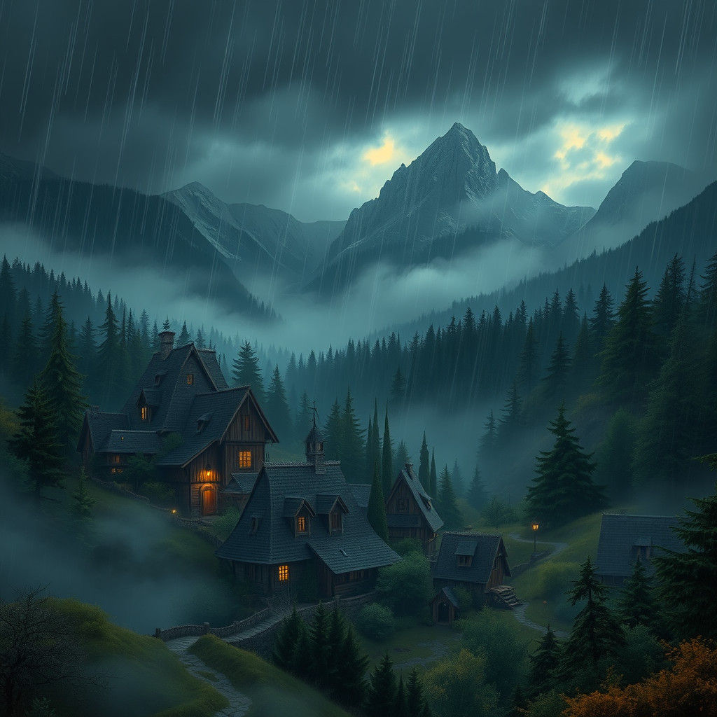 Mystical Village in Rainy Landscape, Matte Painting