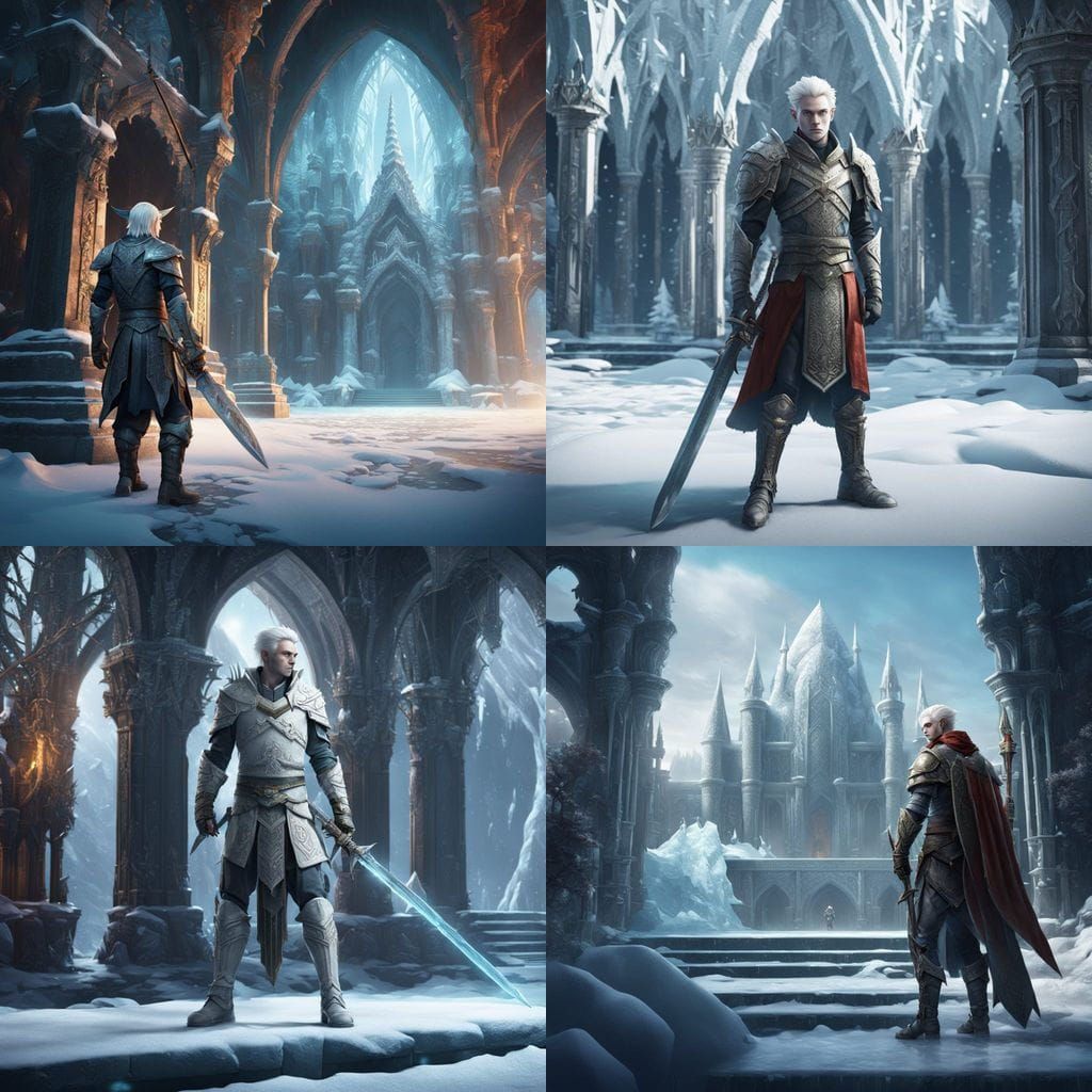 Albino Elf Guarding Ice Palace in Detailed Fantasy Art