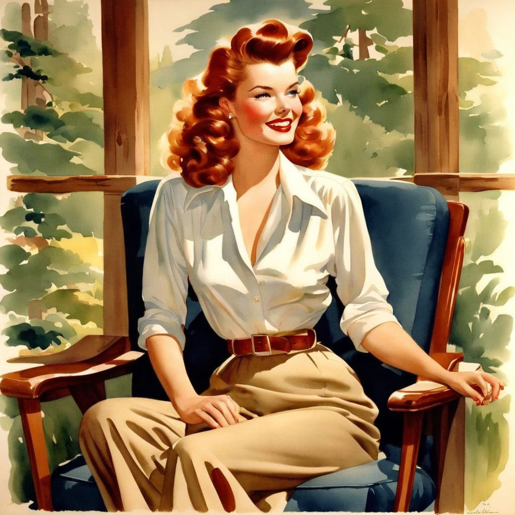 Vintage Watercolor Pinup of a Young Woman in a Log Cabin