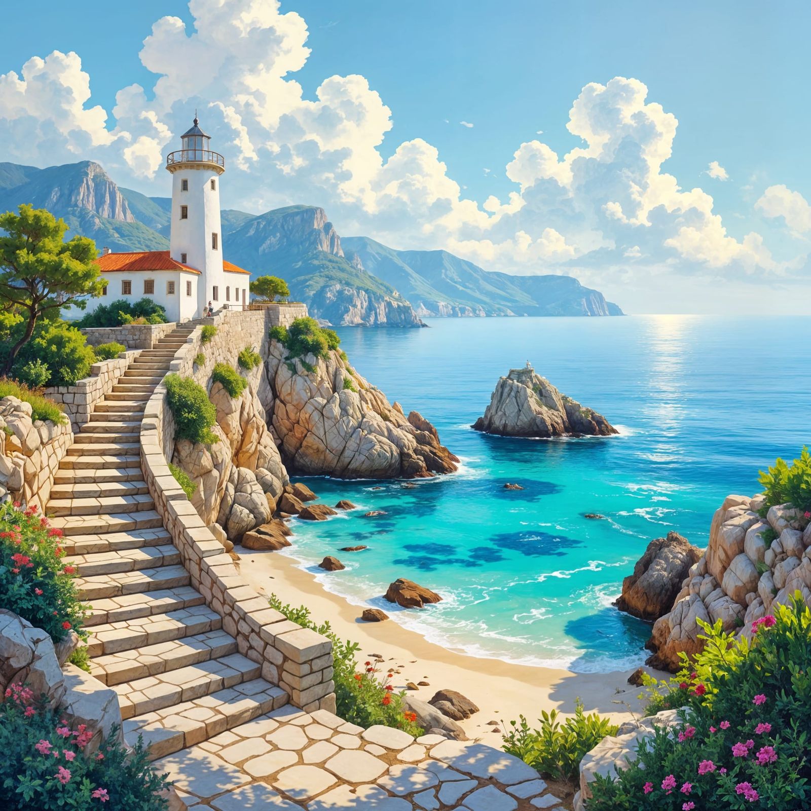 Romantic Coastal Scene with Lighthouse in 19th Century Style