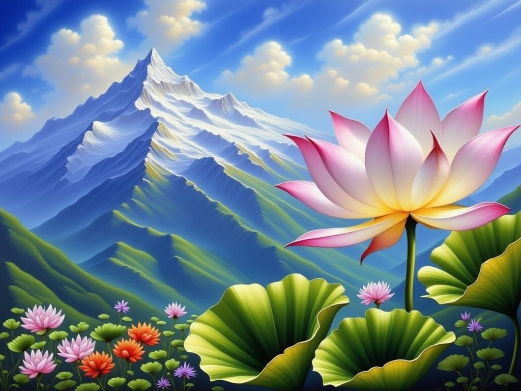 Majestic Lotus Blooms on Snow-Capped Mountain Peak in Cyberp...