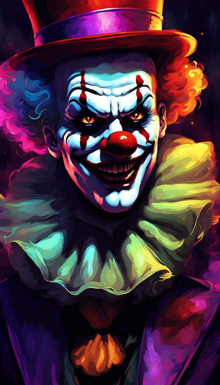 Sinister Anime Clown Performing Dark Magic in Haunted Theatr...