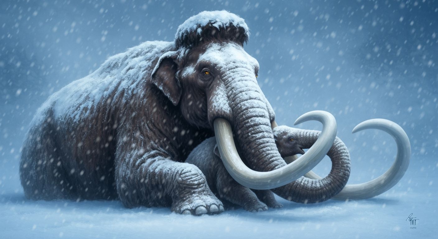 Woolly Mammoth Protecting Baby in Snowstorm, Digital Paintin...