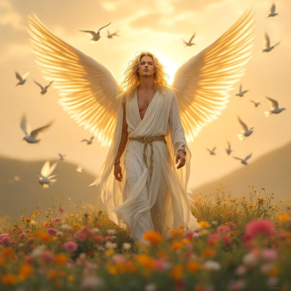 Ethereal Angel Descends Amid Blooming Paradise