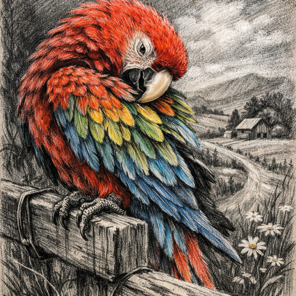 Colourful Parrot Preening in Countryside Charcoal Drawing