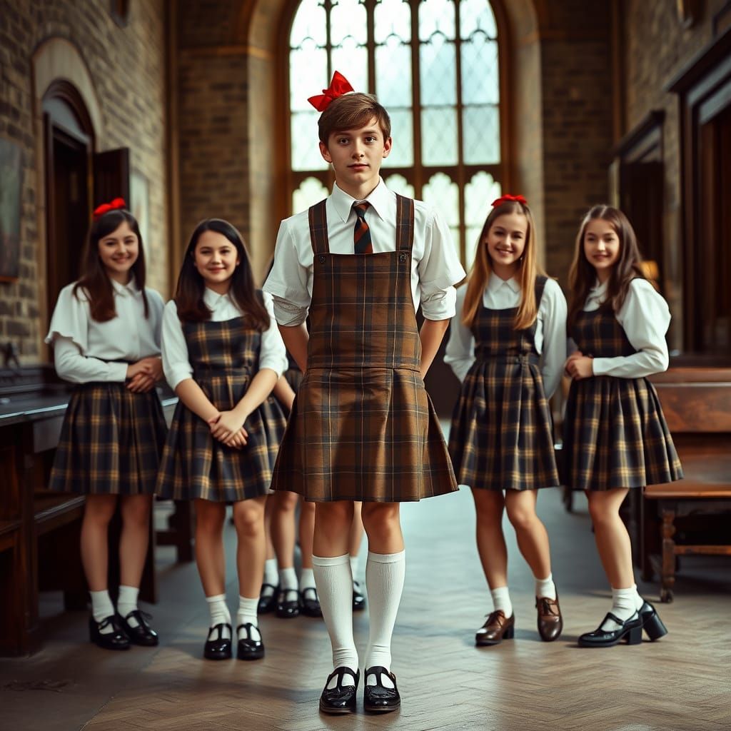 Bashful Boy in Vintage British Schoolgirl Uniform