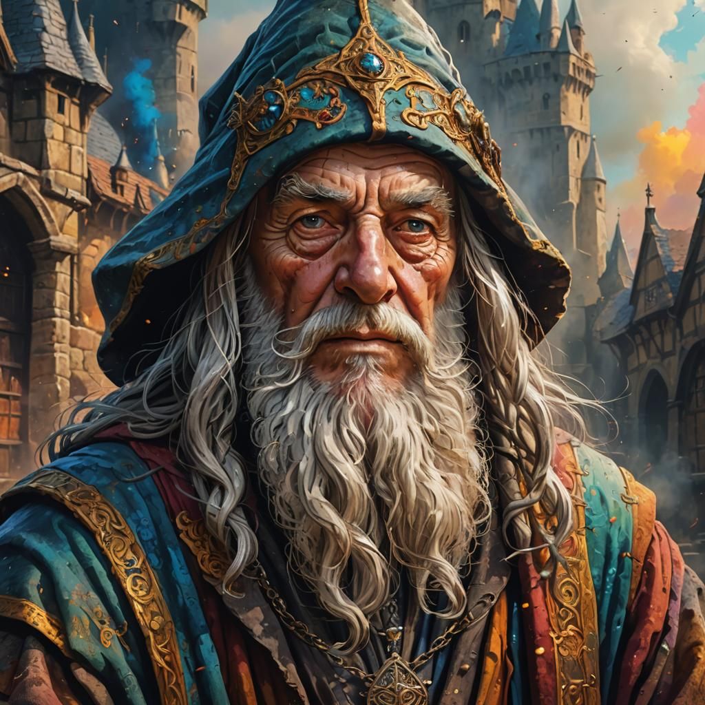Medieval Wizard Portrait with Colorful Background