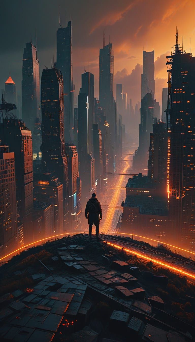 Glowing Metropolis at Dusk in a Vast, Misty Landscape