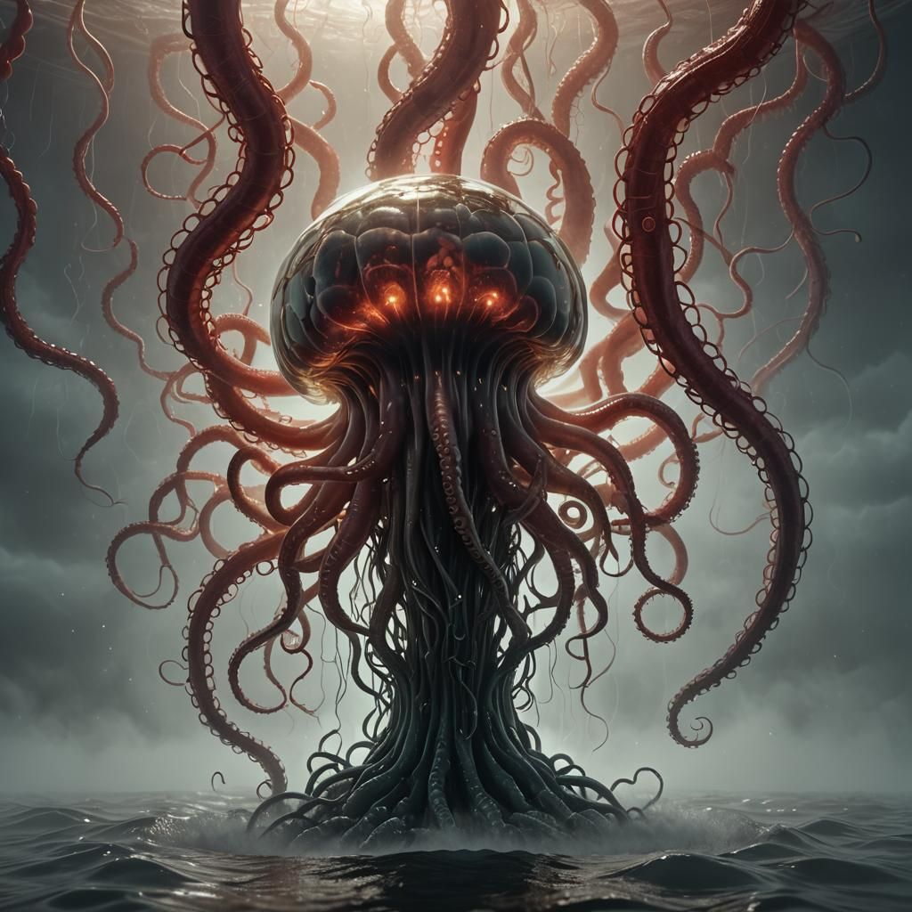 Giant Tentacle Reaching for Glass Brain in Moody 3D Render