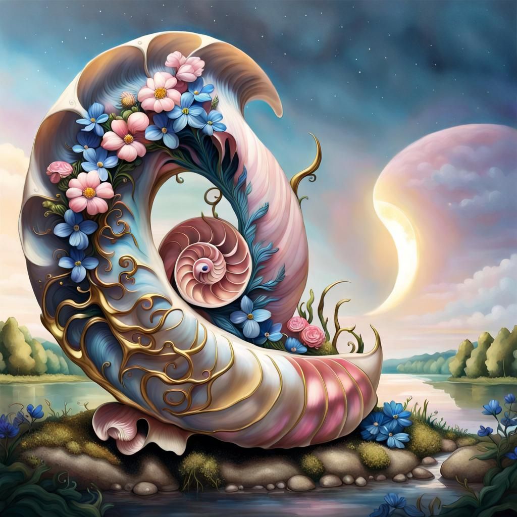 Nautilus Shell by River with Blue Beams