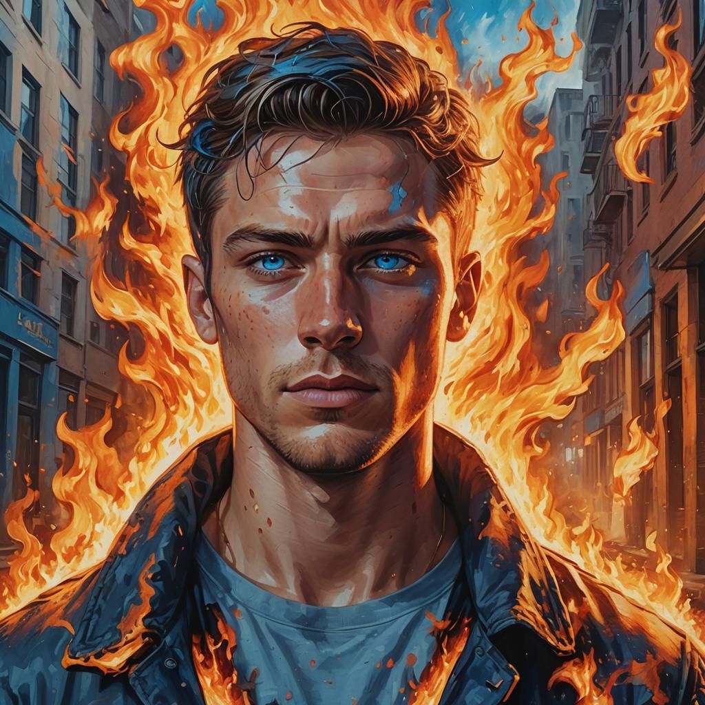 Young Man Portrait with Burning Building, Hyperrealistic