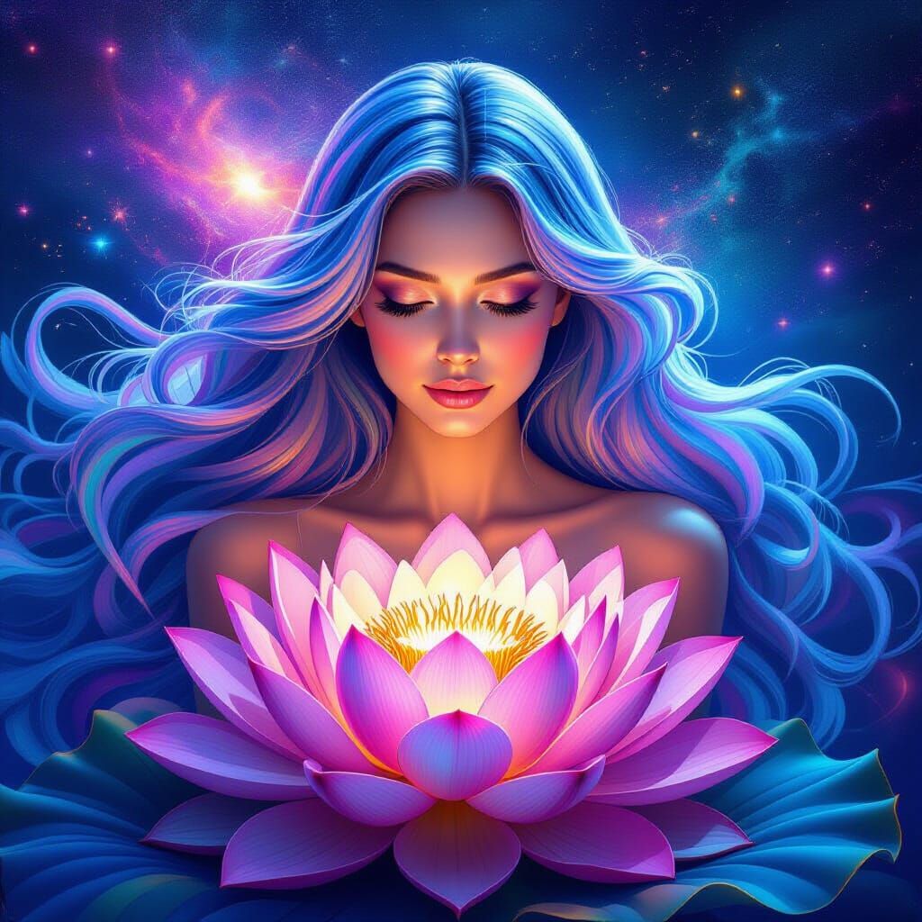 Blooming Galaxy: Woman and Lotus Flower in Digital Art