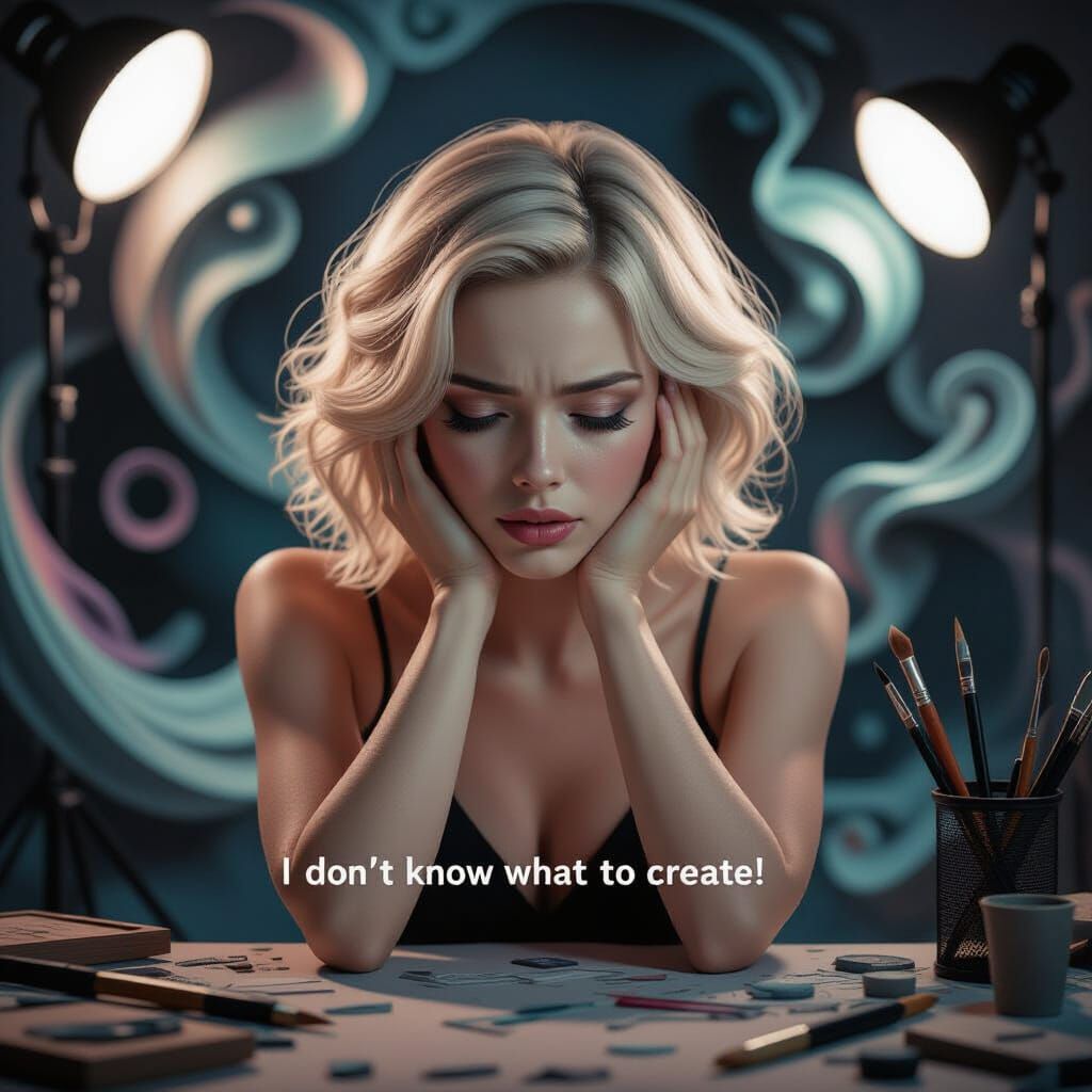 Woman's Creative Block in Surreal Fantasy Style