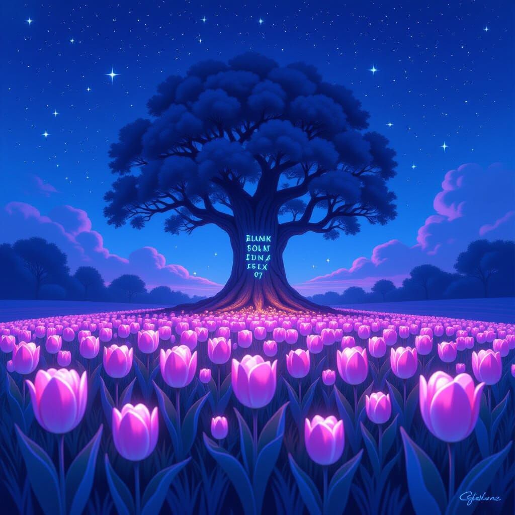 Enchanting Bioluminescent Tulips Under Starry Night